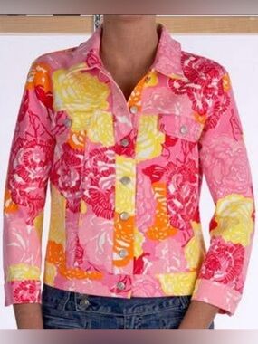 Lilly Pulitzer Floral Denim Jacket Seaspray Blazer Pink Yellow Pockets Small EUC
